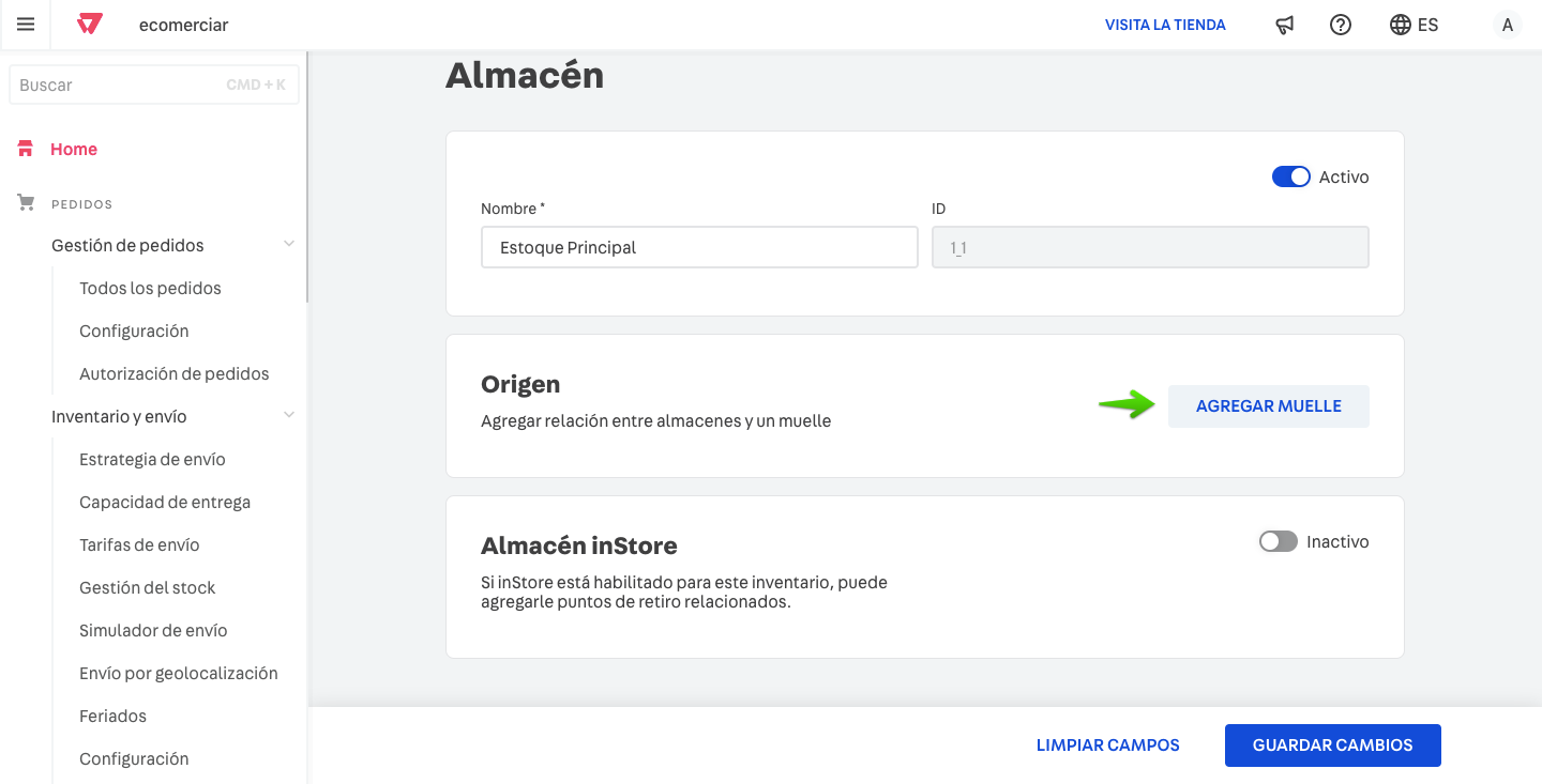 Asociación de muelles de carga a los almacenes
