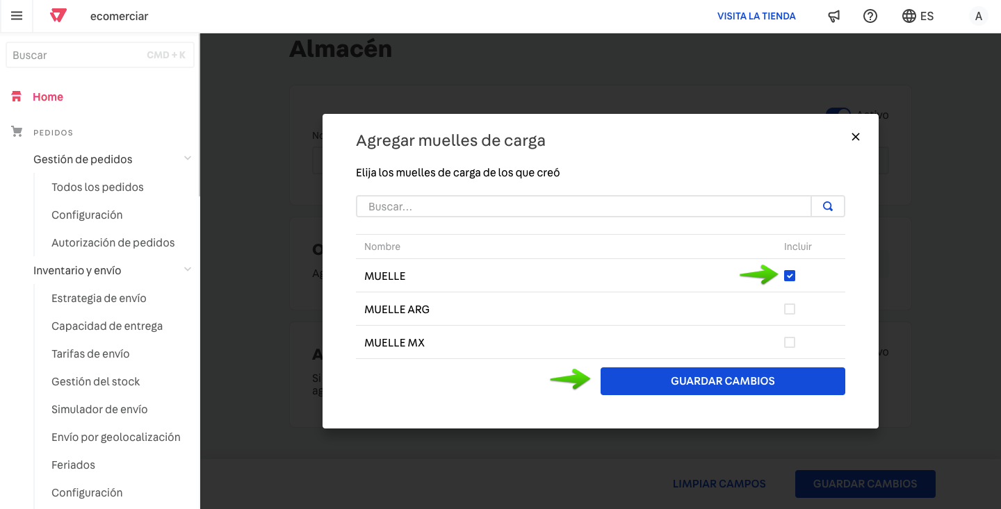 Asociación de muelles de carga a los almacenes