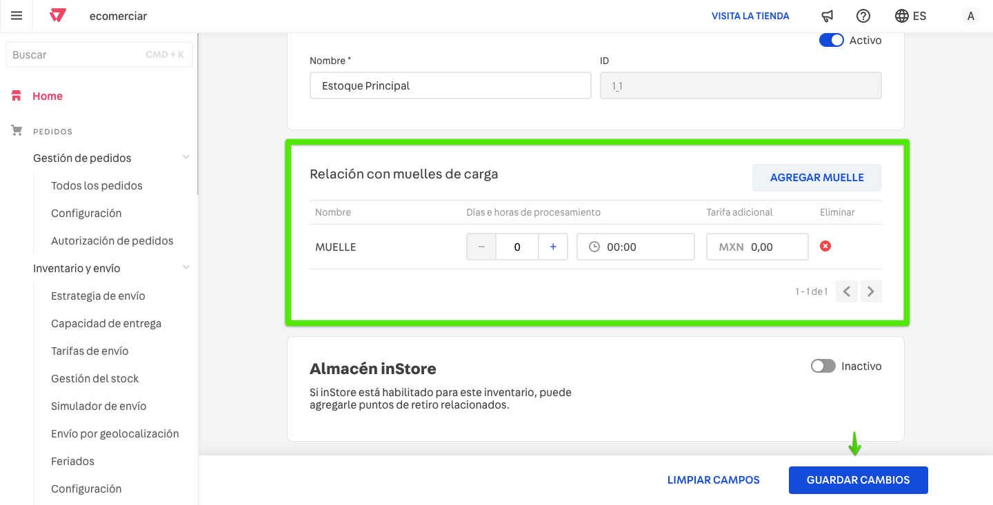 Asociación de muelles de carga a los almacenes