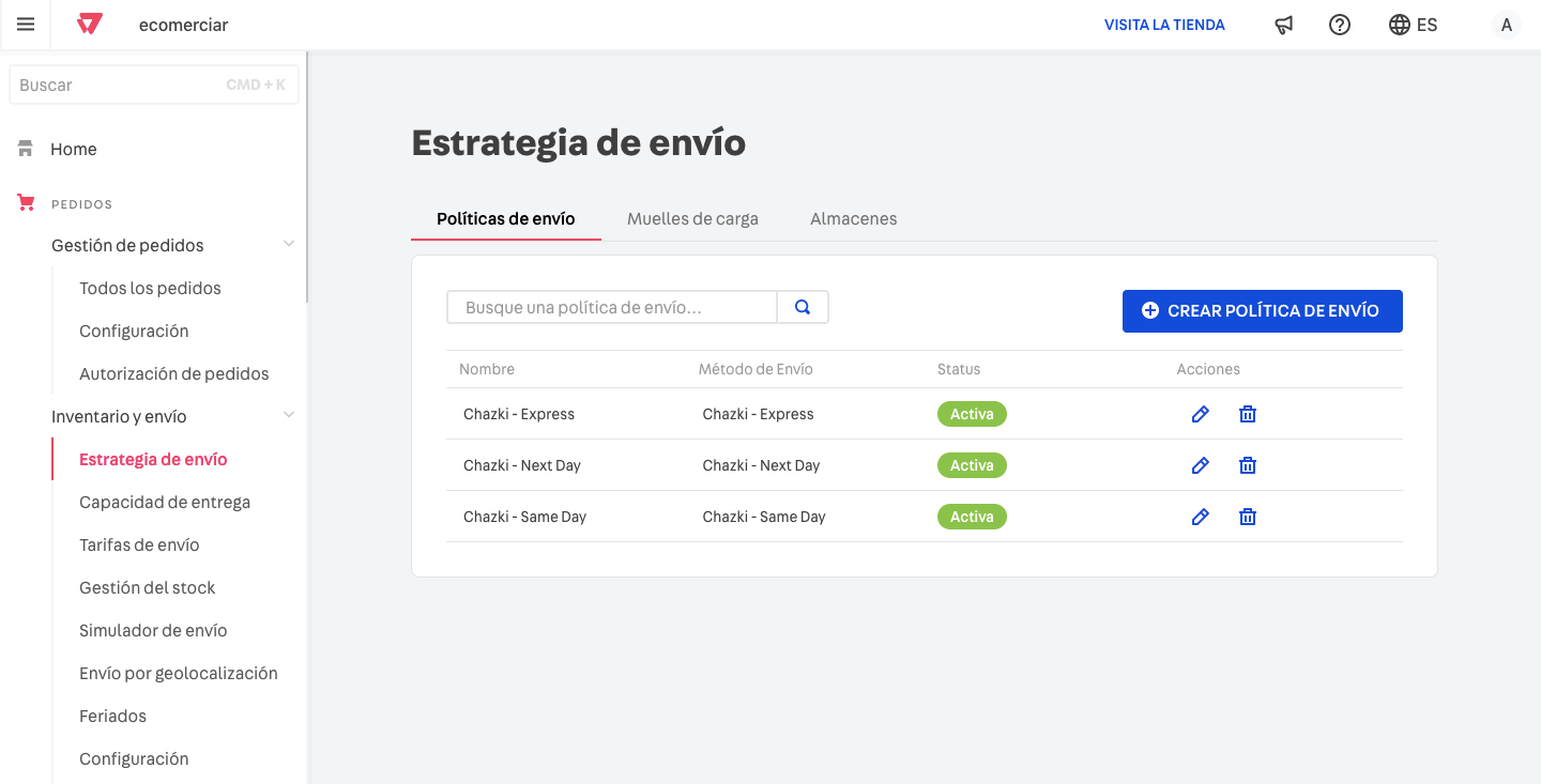 Configuración de políticas de envío