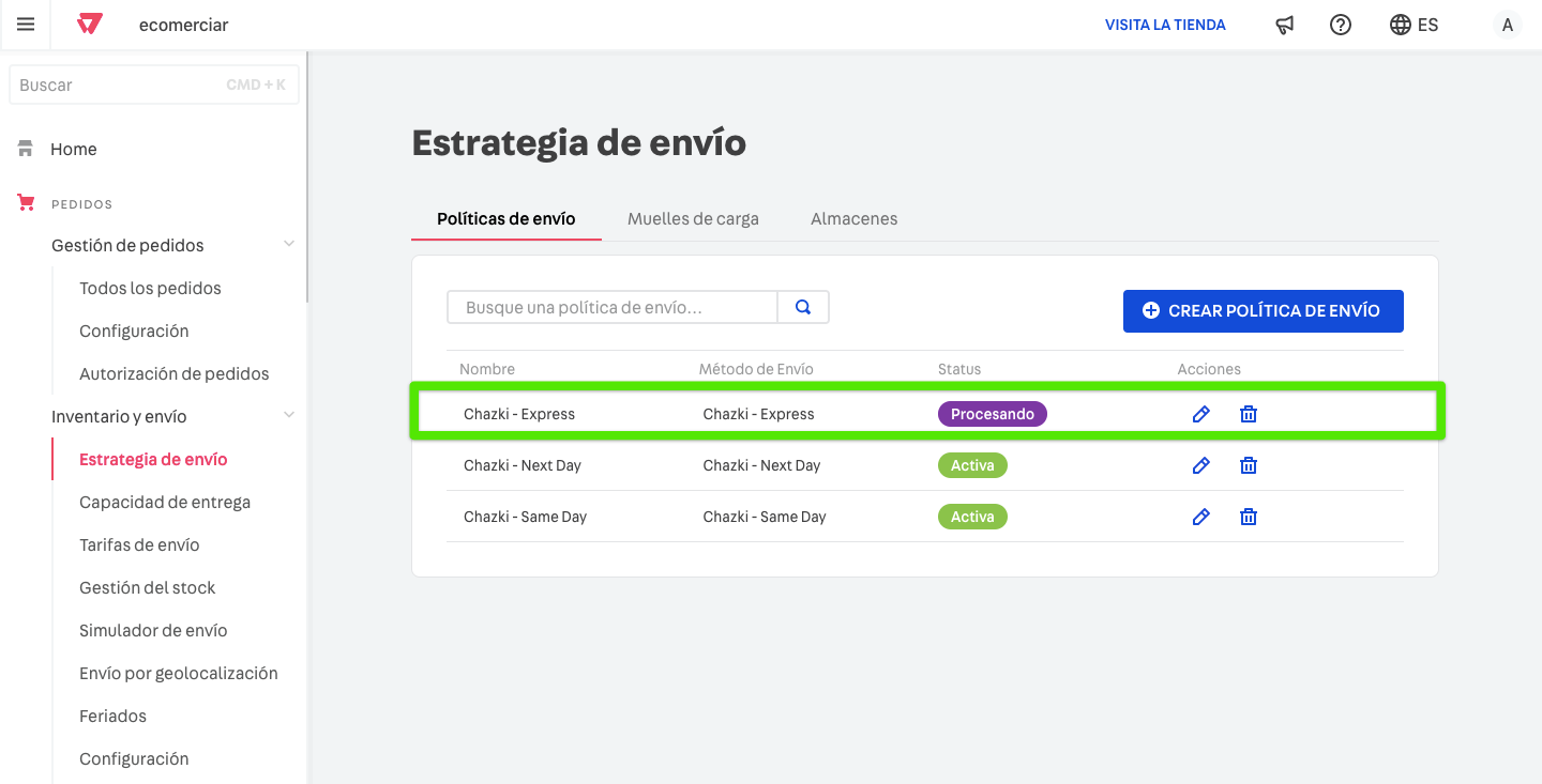 Configuración de políticas de envío